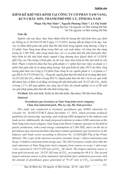 Kiểm kê khí nhà kính tại Công ty cổ phần Nam Vang, KCN Châu Sơn, thành phố Phủ Lý, tỉnh Hà Nam