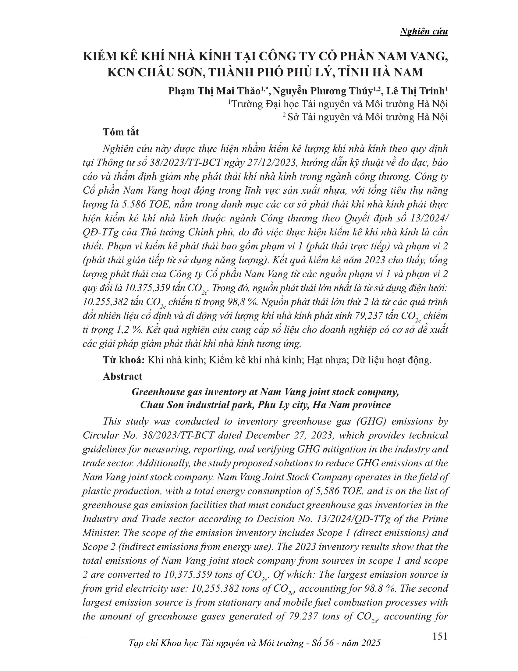 Kiểm kê khí nhà kính tại Công ty cổ phần Nam Vang, KCN Châu Sơn, thành phố Phủ Lý, tỉnh Hà Nam
