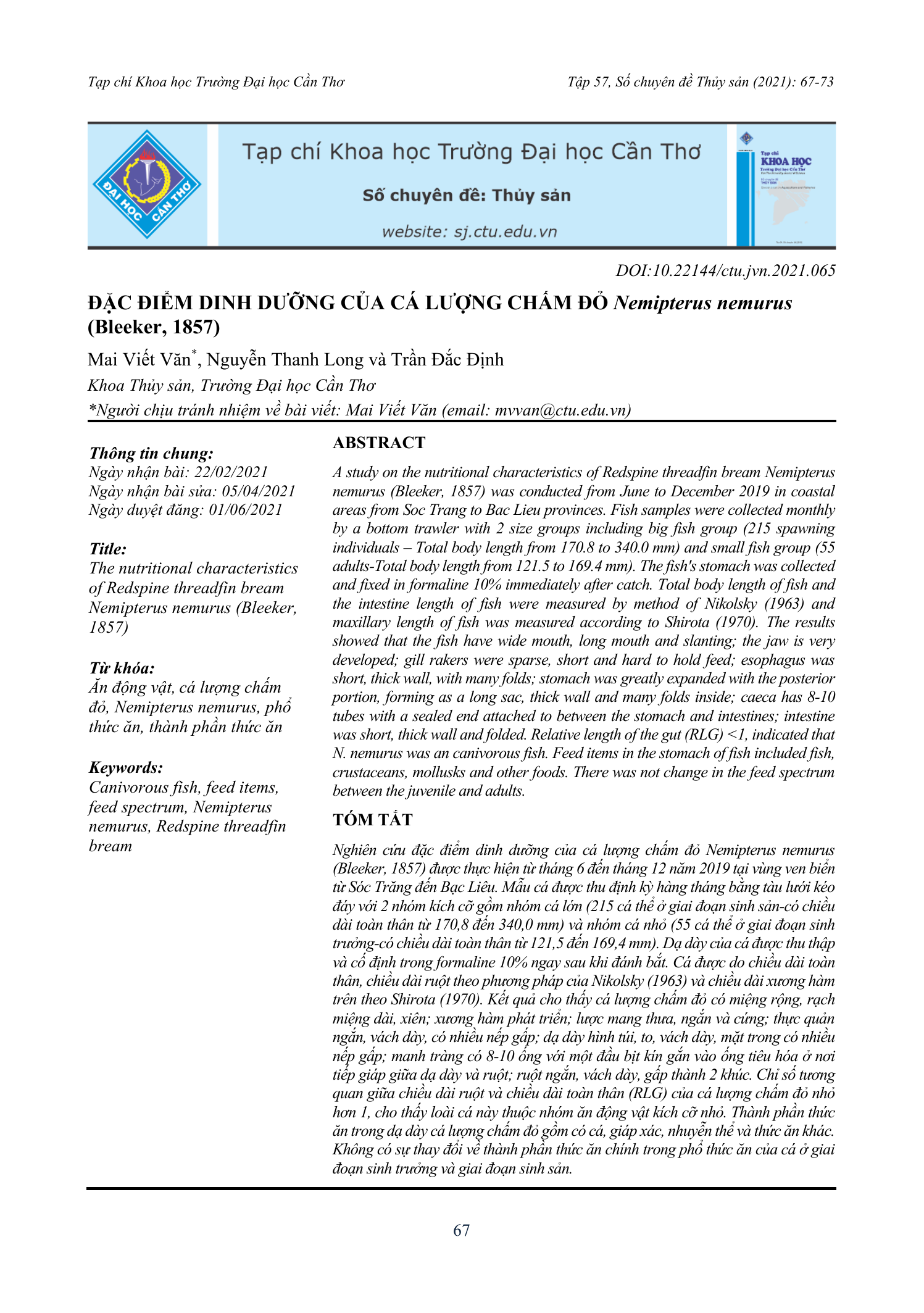 Đặc điểm dinh dưỡng của cá lượng chấm đỏ Nemipterus nemurus (Bleeker, 1857)