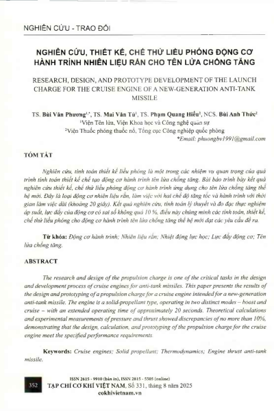 Nghiên cứu, thiết kế, chế thử liều phóng động cơ hành trình nhiên liệu rắn cho tên lửa chống tăng