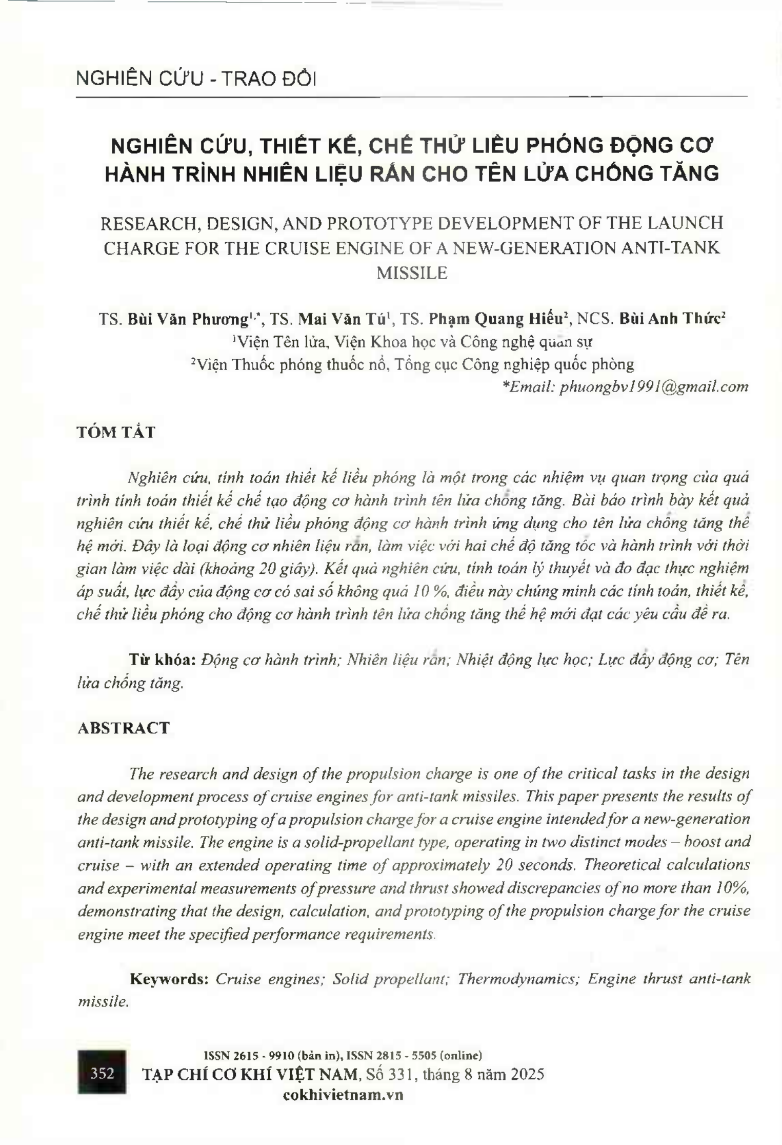 Nghiên cứu, thiết kế, chế thử liều phóng động cơ hành trình nhiên liệu rắn cho tên lửa chống tăng