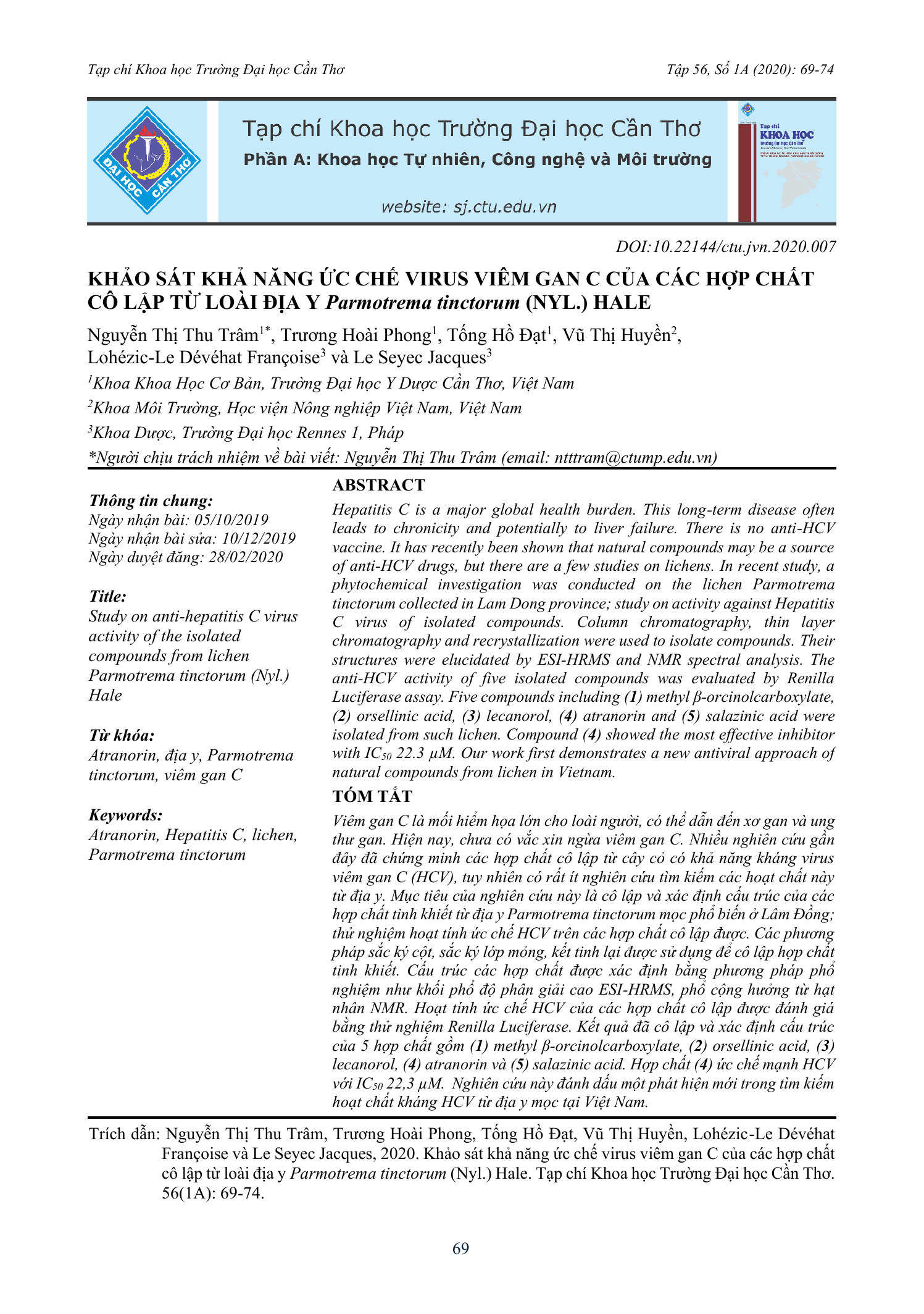 Khảo sát khả năng ức chế virus viêm gan C của các hợp chất cô lập từ loài địa y Parmotrema tinctorum