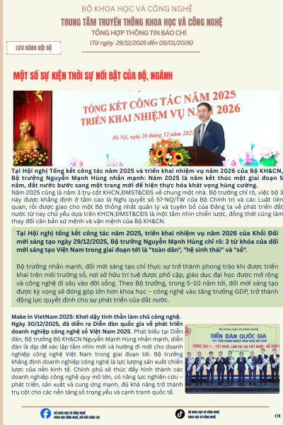 Tổng hợp thông tin báo chí Bộ Khoa học và Công nghệ (Từ ngày 29/12/2025 đến 05/01/2026)