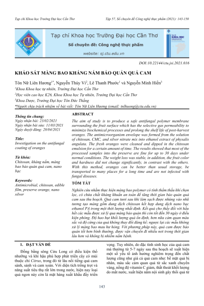 Khảo sát màng bao kháng nấm bảo quản quả cam