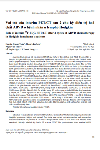 Vai trò của interim PET/CT sau 2 chu kỳ điều trị hoá chất ABVD ở bệnh nhân u lympho Hodgkin