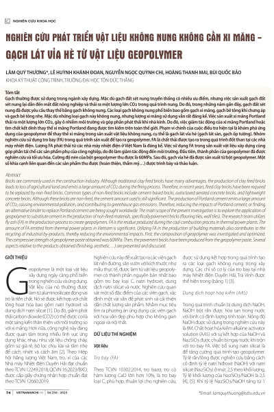 Nghiên cứu phát triển vật liệu không nung không cần xi măng – gạch lát vỉa hè từ vật liệu geopolymer
