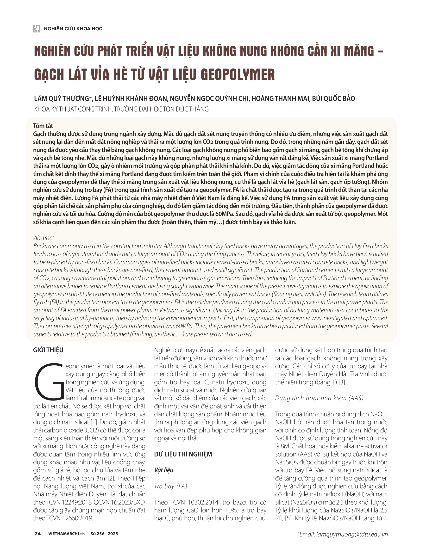 Nghiên cứu phát triển vật liệu không nung không cần xi măng – gạch lát vỉa hè từ vật liệu geopolymer