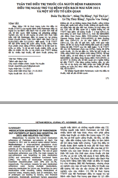 Tuân thủ điều trị thuốc của người bệnh Parkinson điều trị ngoại trú tại bệnh viện Bạch Mai năm 2021 và một số yếu tố liên quan