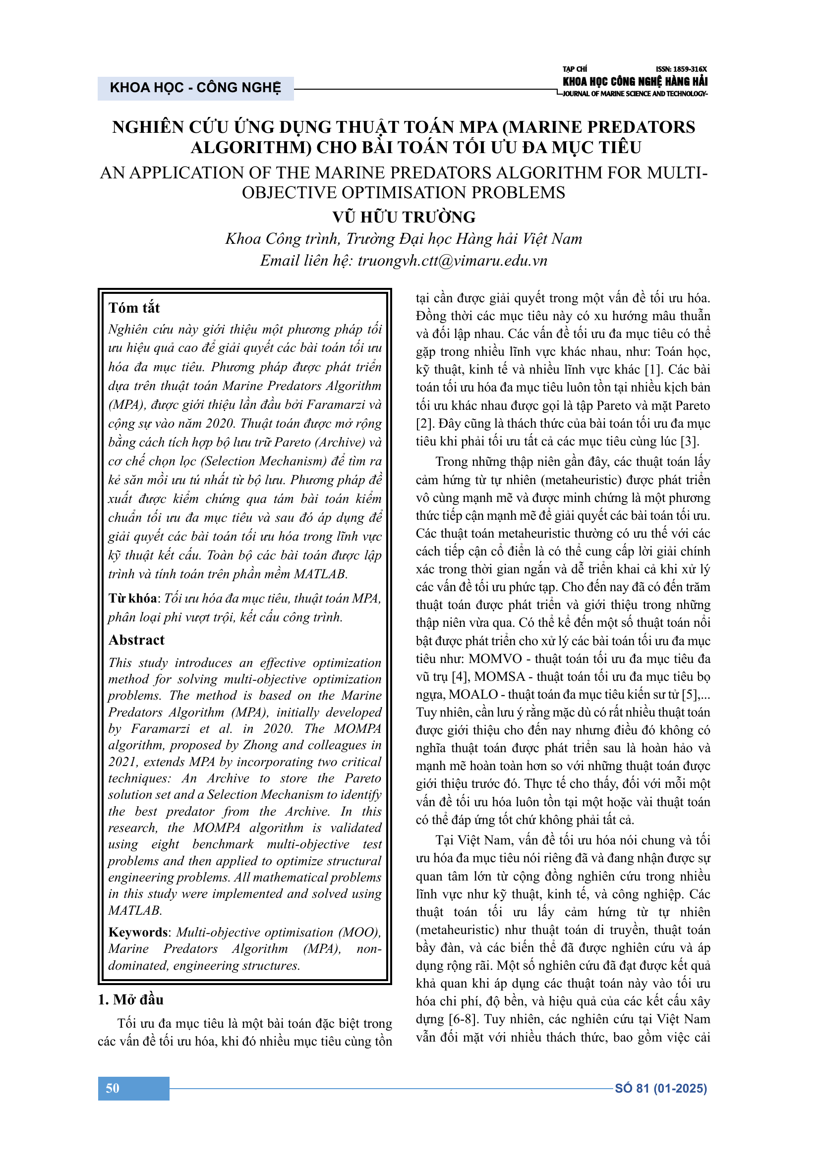 Nghiên cứu ứng dụng thuật toán MPA (Marine Predators Algorithm) cho bài toán tối ưu đa mục tiêu