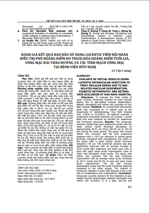 Đánh giá kết quả ban đầu sử dụng lucentis tiêm nội nhãn điều trị phù hoàng điểm do thoái hóa hoàng điểm tuổi già, võng mạc đái tháo đường và tắc tĩnh mạch võng mạc tại Bệnh viện Hữu Nghị