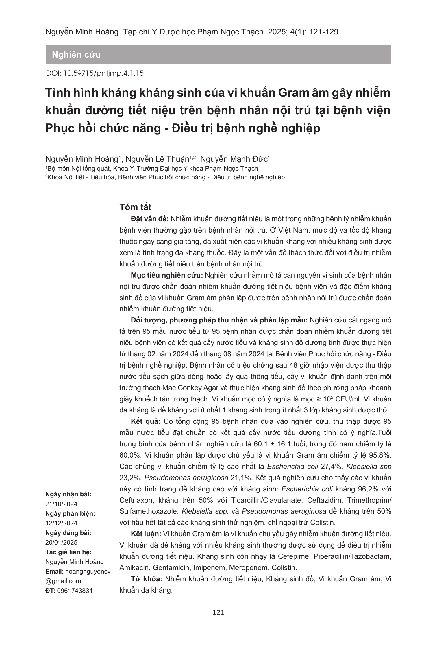 Tình hình kháng kháng sinh của vi khuẩn Gram âm gây nhiễm khuẩn đường tiết niệu trên bệnh nhân nội trú tại bệnh viện Phục hồi chức năng - Điều trị bệnh nghề nghiệp