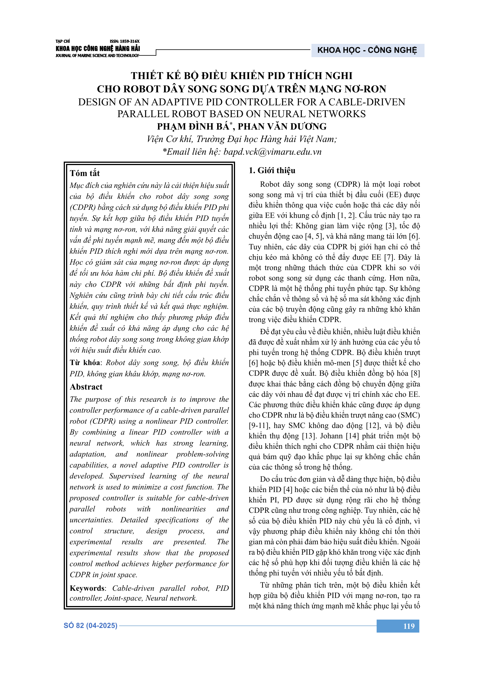 Thiết kế bộ điều khiển PID thích nghi cho robot dây song song dựa trên mạng nơ-ron