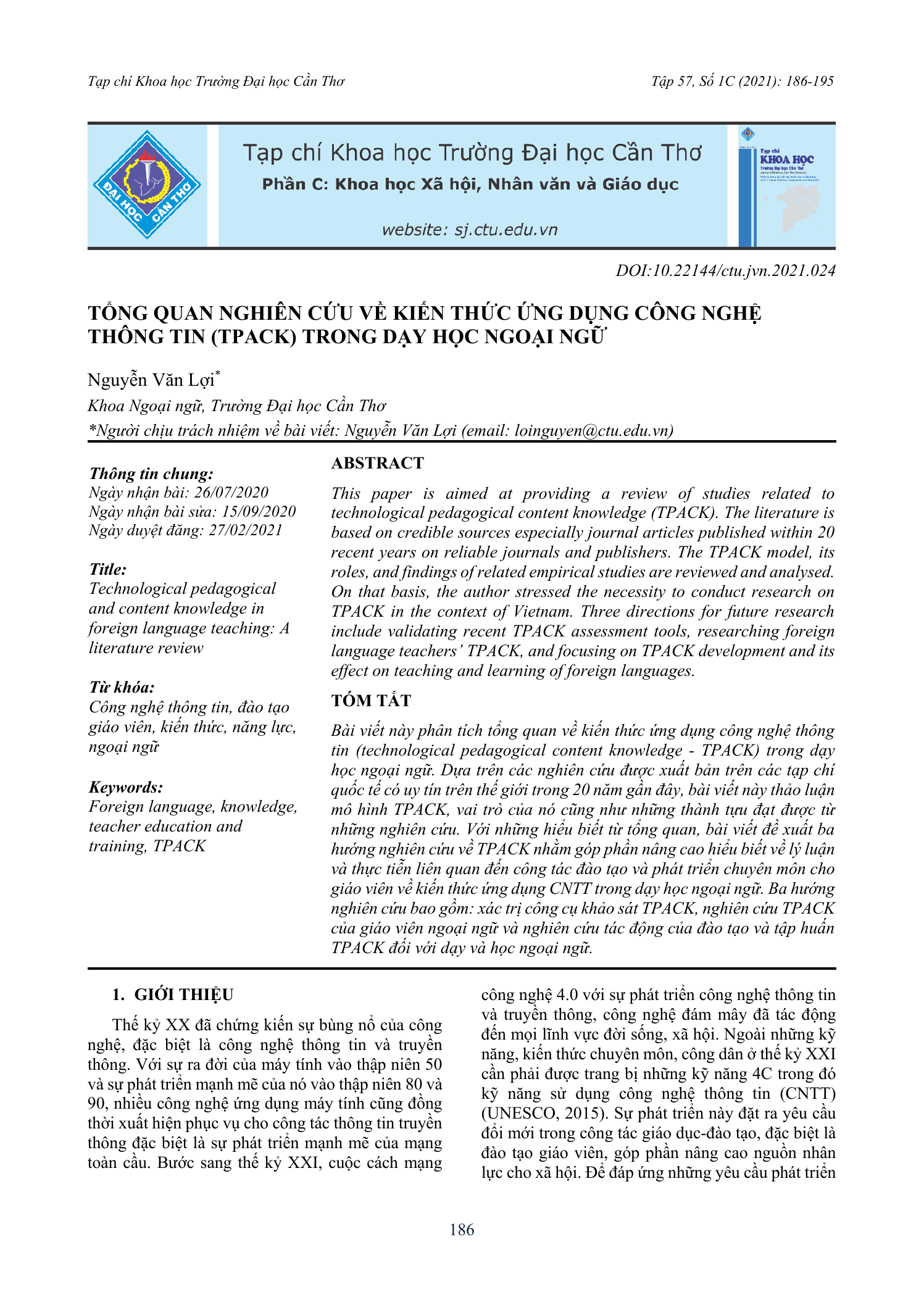 Tổng quan nghiên cứu về kiến thức ứng dụng công nghệ thông tin (TPACK) trong dạy học ngoại ngữ