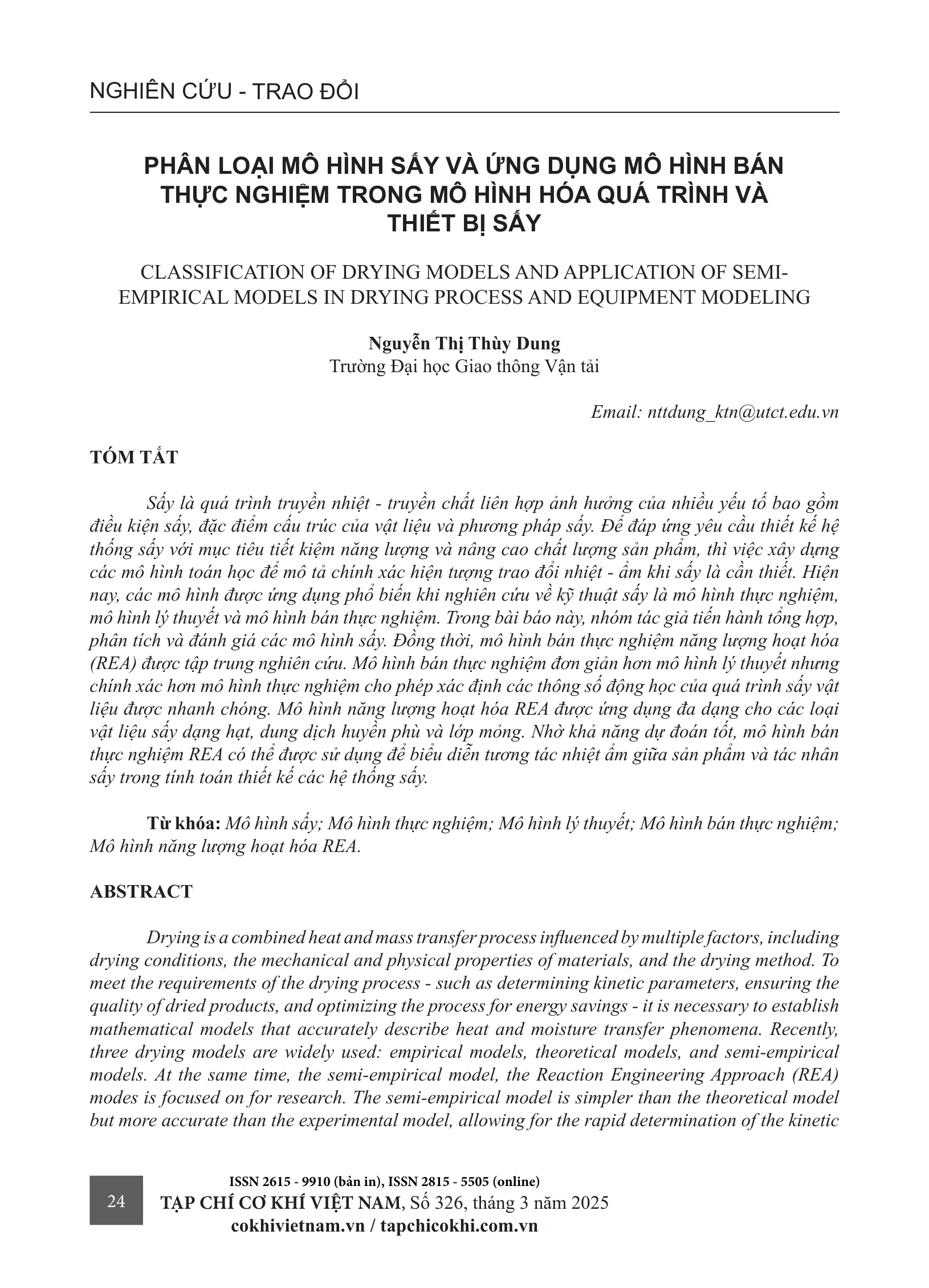 Phân loại mô hình sấy và ứng dụng mô hình bán thực nghiệm trong mô hình hóa quá trình và thiết bị sấy