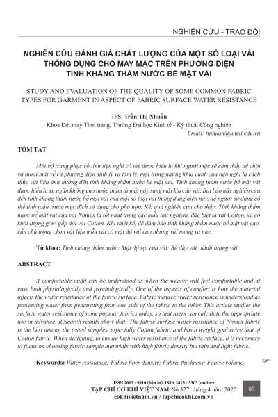 Nghiên cứu đánh giá chất lượng của một số loại vải thông dụng cho may mặc trên phương diện tính kháng thấm nước bề mặt vải
