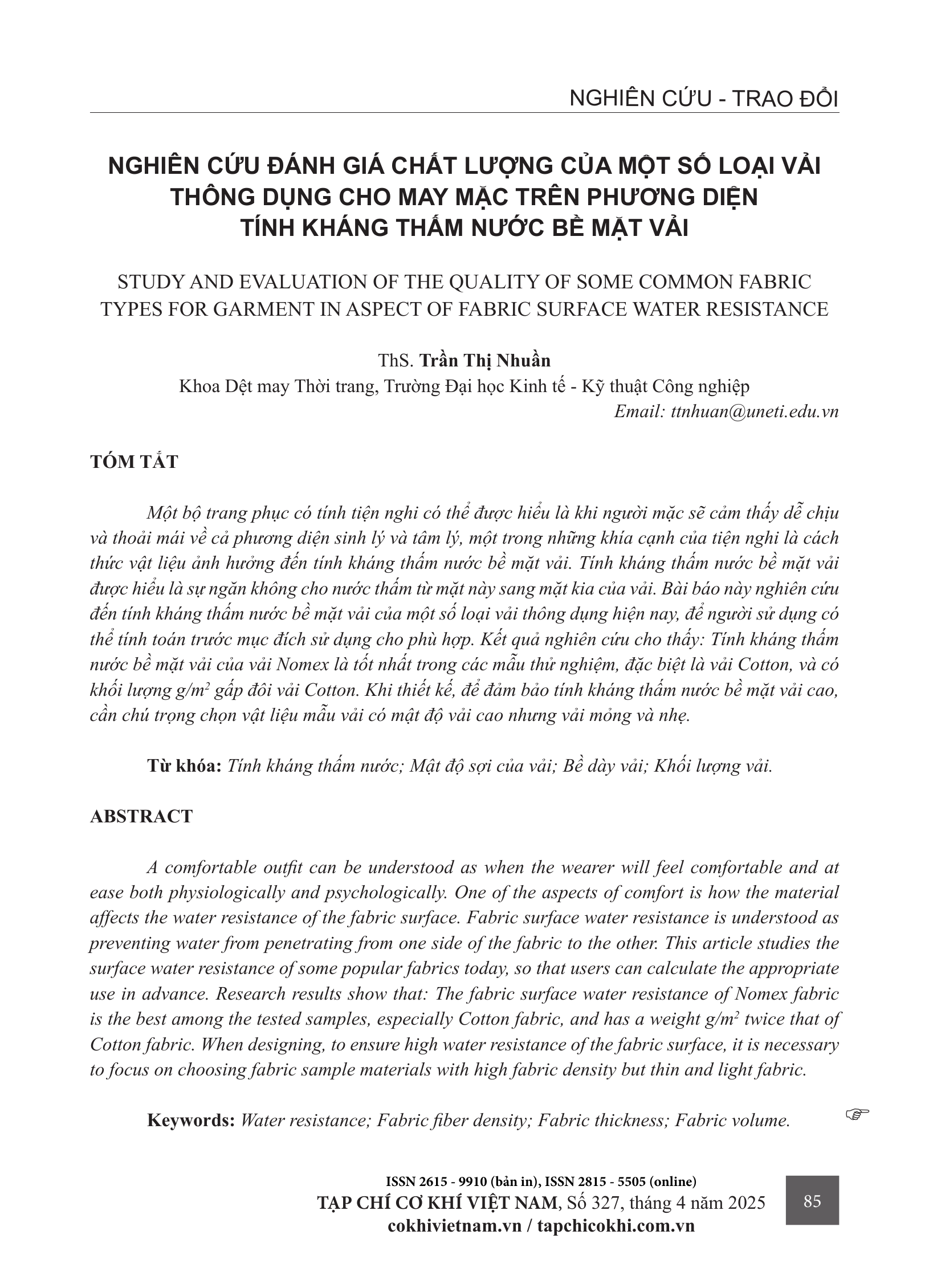 Nghiên cứu đánh giá chất lượng của một số loại vải thông dụng cho may mặc trên phương diện tính kháng thấm nước bề mặt vải