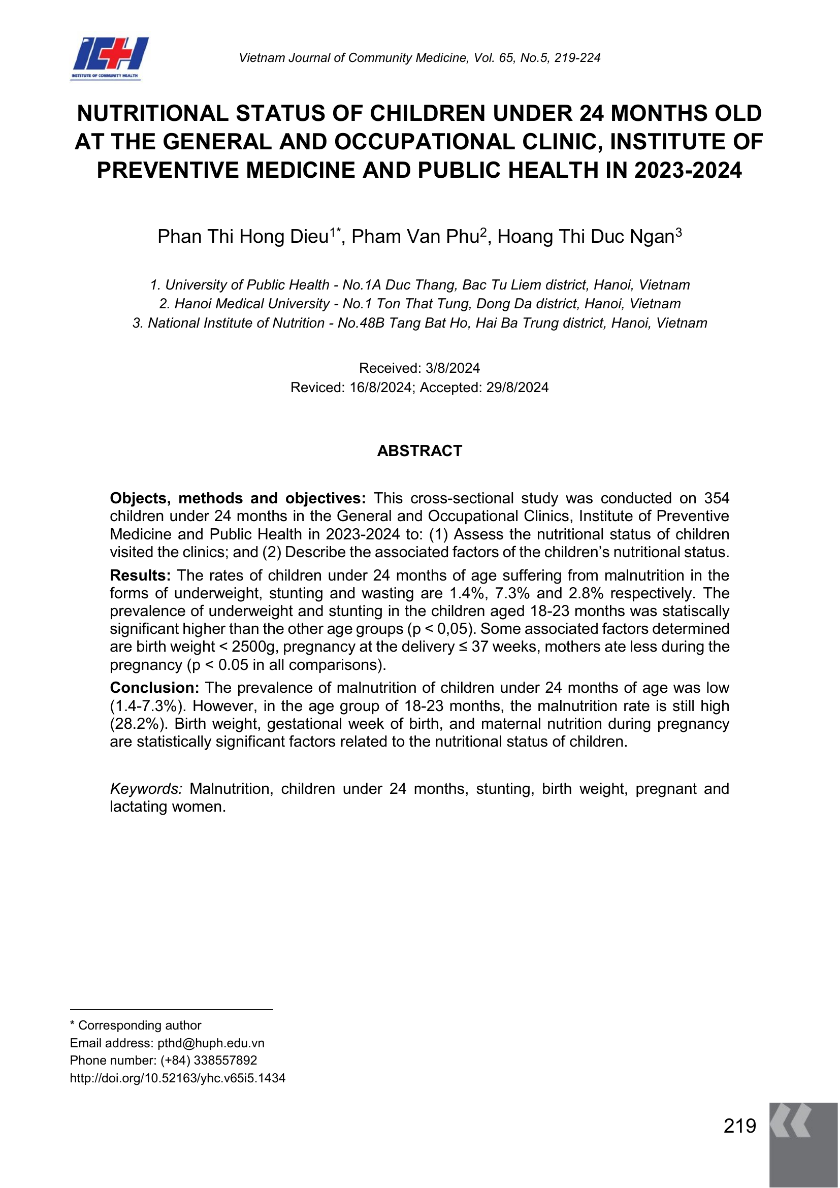 Tình trạng dinh dưỡng của trẻ dưới 24 tháng tuổi đến khám tại Phòng khám đa khoa và khám bệnh nghề nghiệp, Viện Đào tạo Y học dự phòng và Y tế công cộng năm 2023-2024