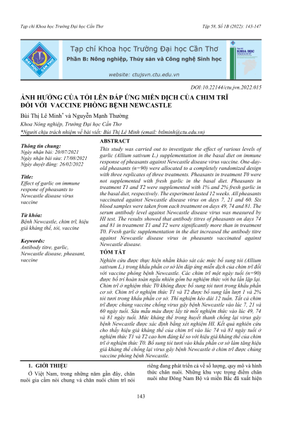 Ảnh hưởng của tỏi lên đáp ứng miễn dịch của chim trĩ đối với vaccine phòng bệnh Newcastle