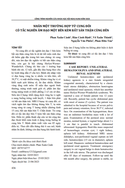 Nhân một trường hợp tử cung đôi có tắc nghẽn âm đạo một bên kèm bất sản thận cùng bên