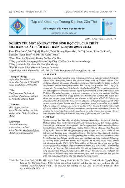 Nghiên cứu một số hoạt tính sinh học của cao chiết methanol cây lưỡi rắn trắng (Hedyotis diffusa Willd.)
