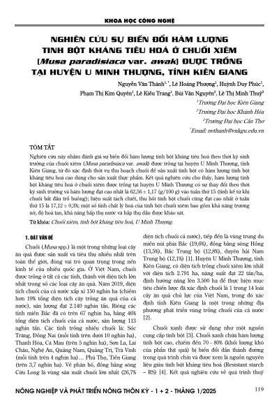 Nghiên cứu sự biến đổi hàm lượng tinh bột kháng tiêu hoá ở chuối xiêm (Musa paradisiaca var. awak) được trồng tại huyện U Minh Thượng, tỉnh Kiên Giang