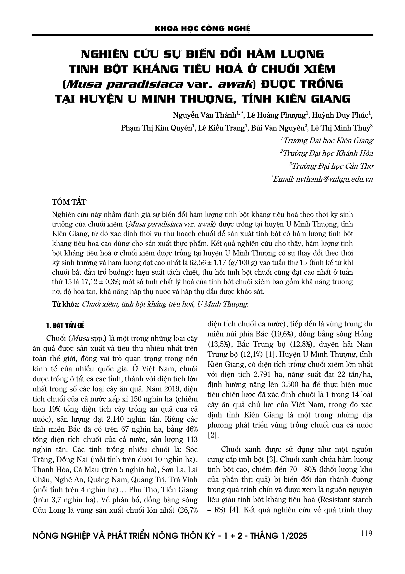 Nghiên cứu sự biến đổi hàm lượng tinh bột kháng tiêu hoá ở chuối xiêm (Musa paradisiaca var. awak) được trồng tại huyện U Minh Thượng, tỉnh Kiên Giang