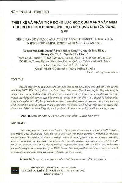 Thiết kế và phân tích động lực học cụm màng vây mềm cho robot bơi phỏng sinh học sử dụng chuyển động MPF