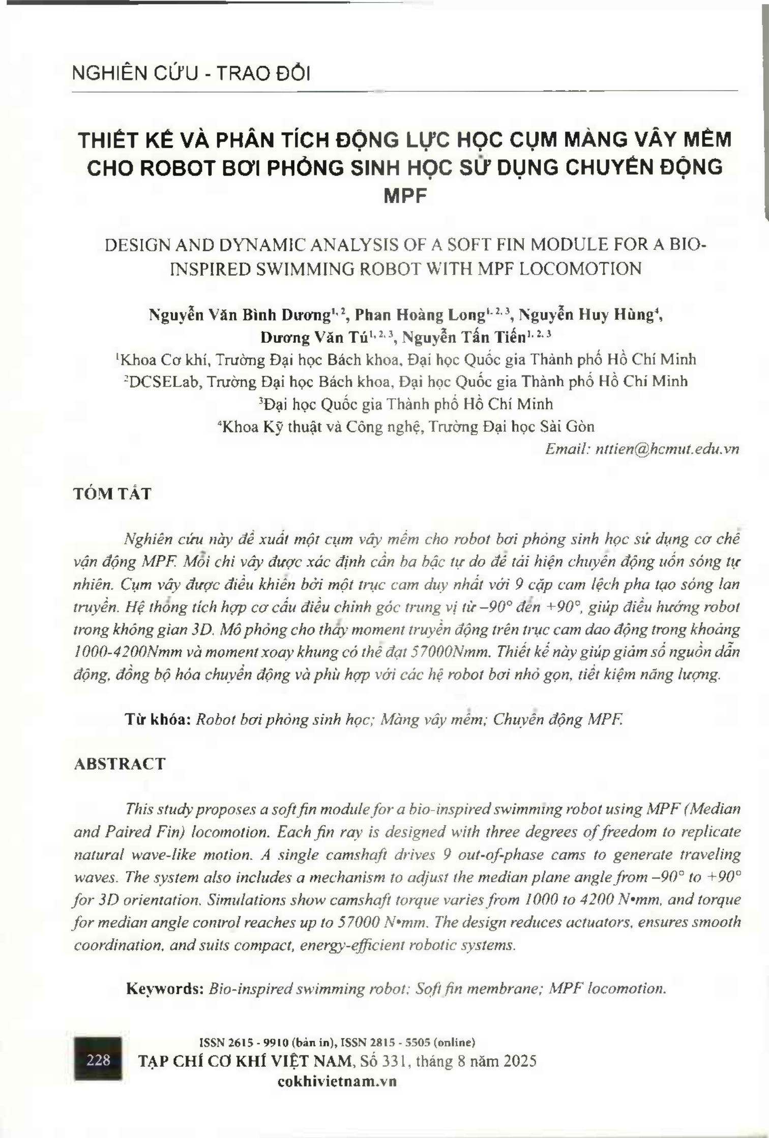 Thiết kế và phân tích động lực học cụm màng vây mềm cho robot bơi phỏng sinh học sử dụng chuyển động MPF