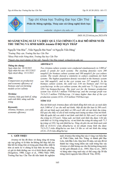 So sánh năng suất và hiệu quả tài chính của hai mô hình nuôi thu trứng và sinh khối artemia ở độ mặn thấp
