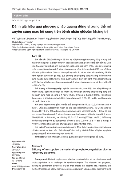 Đánh giá hiệu quả phương pháp quang đông vi xung thể mi xuyên củng mạc bổ sung trên bệnh nhân glôcôm kháng trị