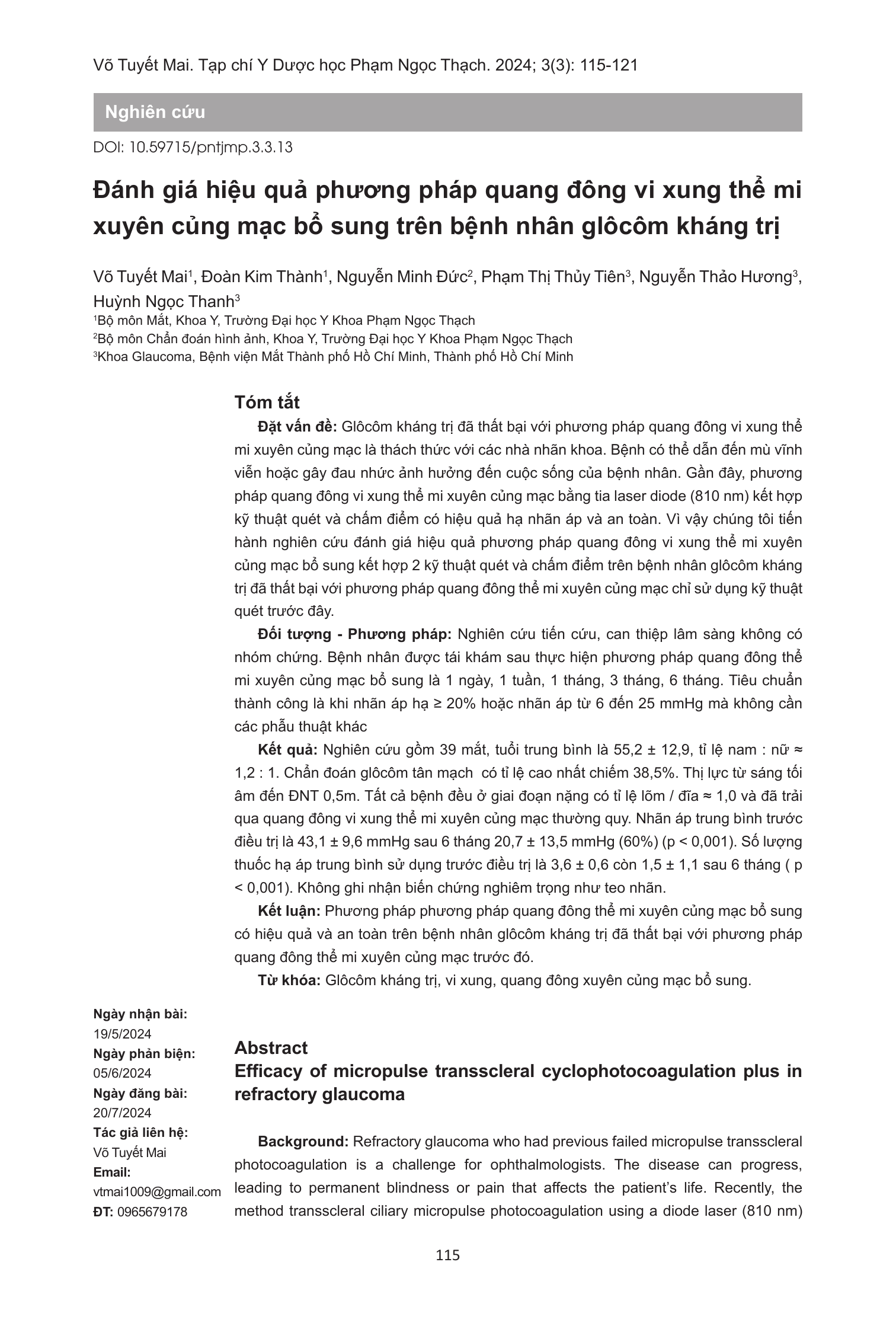 Đánh giá hiệu quả phương pháp quang đông vi xung thể mi xuyên củng mạc bổ sung trên bệnh nhân glôcôm kháng trị