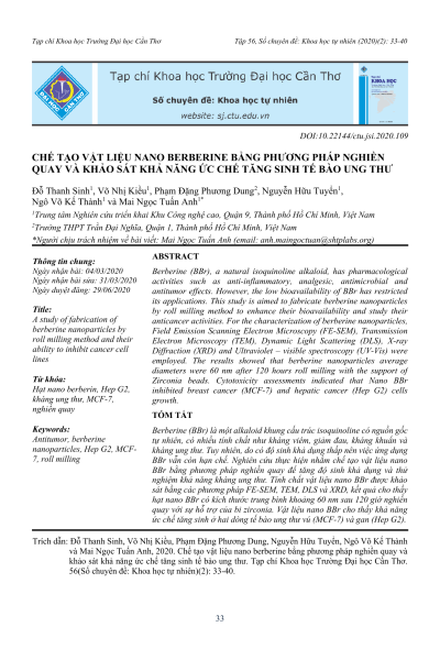 Chế tạo vật liệu nano berberine bằng phương pháp nghiền quay và khảo sát khả năng ức chế tăng sinh tế bào ung thư