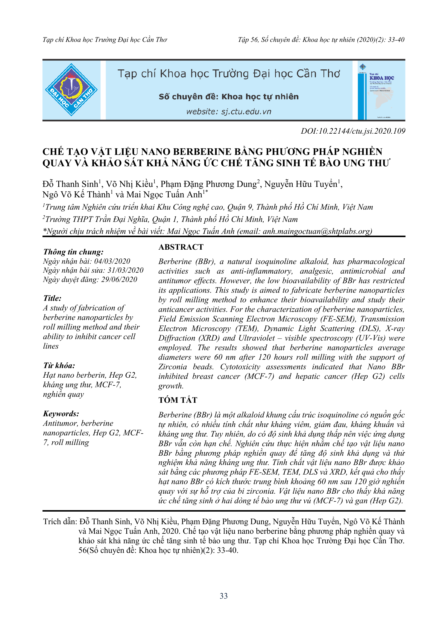 Chế tạo vật liệu nano berberine bằng phương pháp nghiền quay và khảo sát khả năng ức chế tăng sinh tế bào ung thư