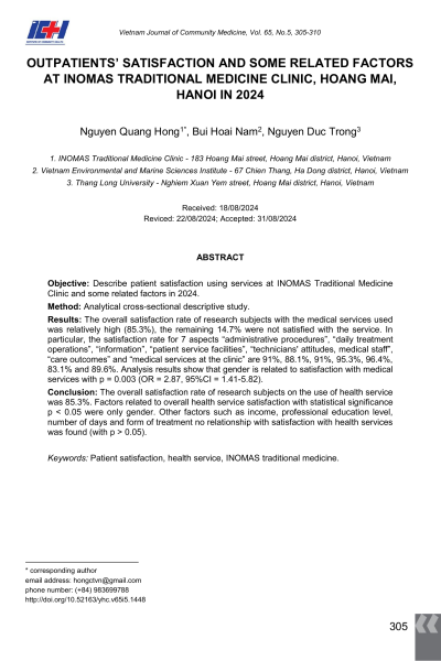 Sự hài lòng của người bệnh điều trị ngoại trú và một số yếu tố liên quan tại Phòng khám chuyên khoa Y học cổ truyền INOMAS, Hoàng Mai, Hà Nội năm 2024