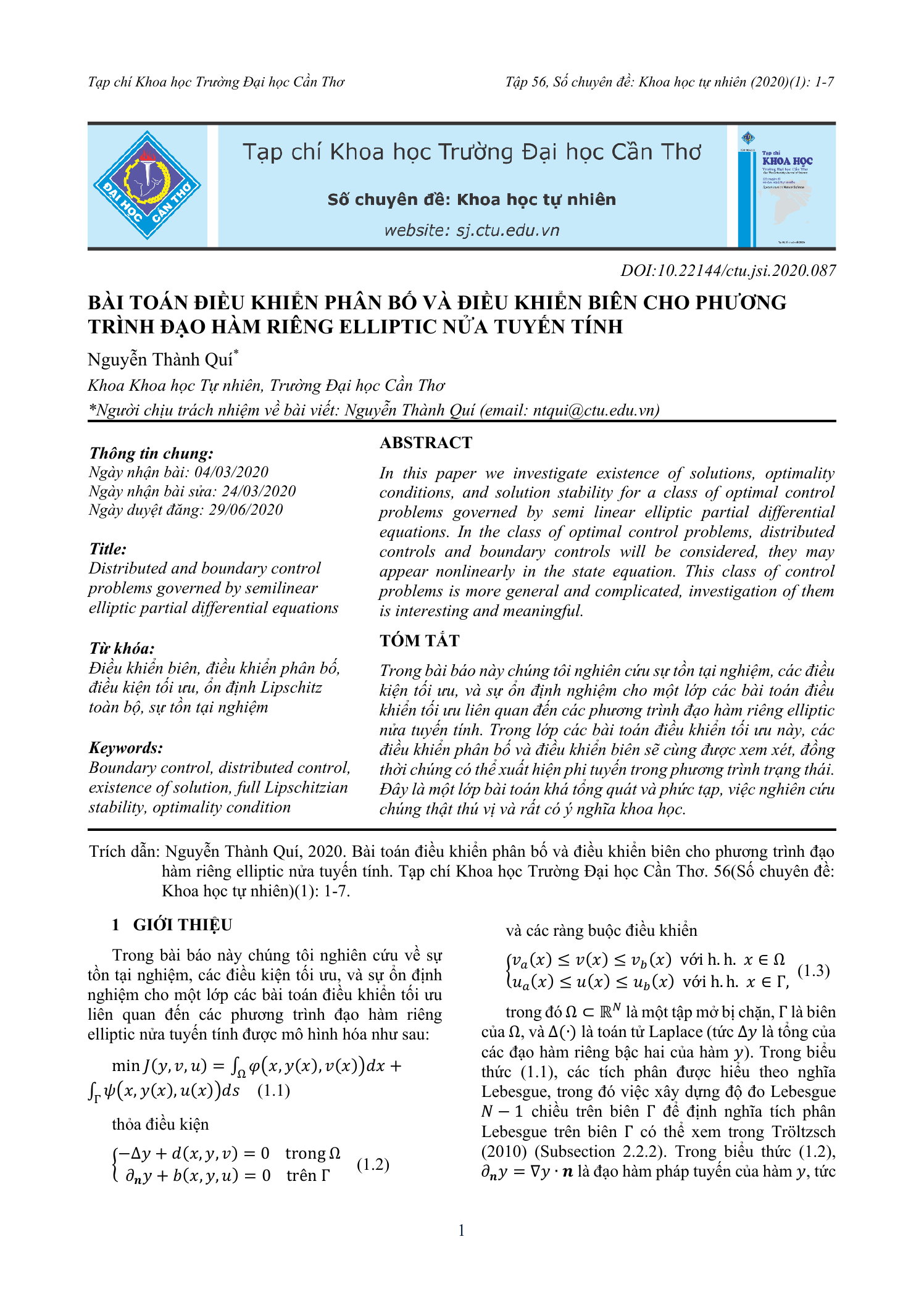 Bài toán điều khiển phân bố và điều khiển biên cho phương trình đạo hàm riêng elliptic nửa tuyến tính