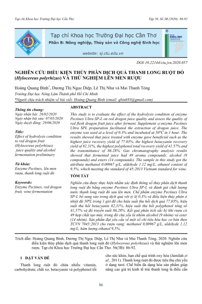 Nghiên cứu điều kiện thủy phân dịch quả thanh long ruột đỏ (Hylocereus polyrhizus) và thử nghiệm lên men rượu