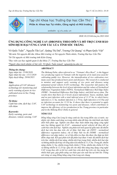 Ứng dụng công nghệ UAV (drones) theo dõi và hỗ trợ cảnh báo sớm dịch hại vùng canh tác lúa tỉnh Sóc Trăng