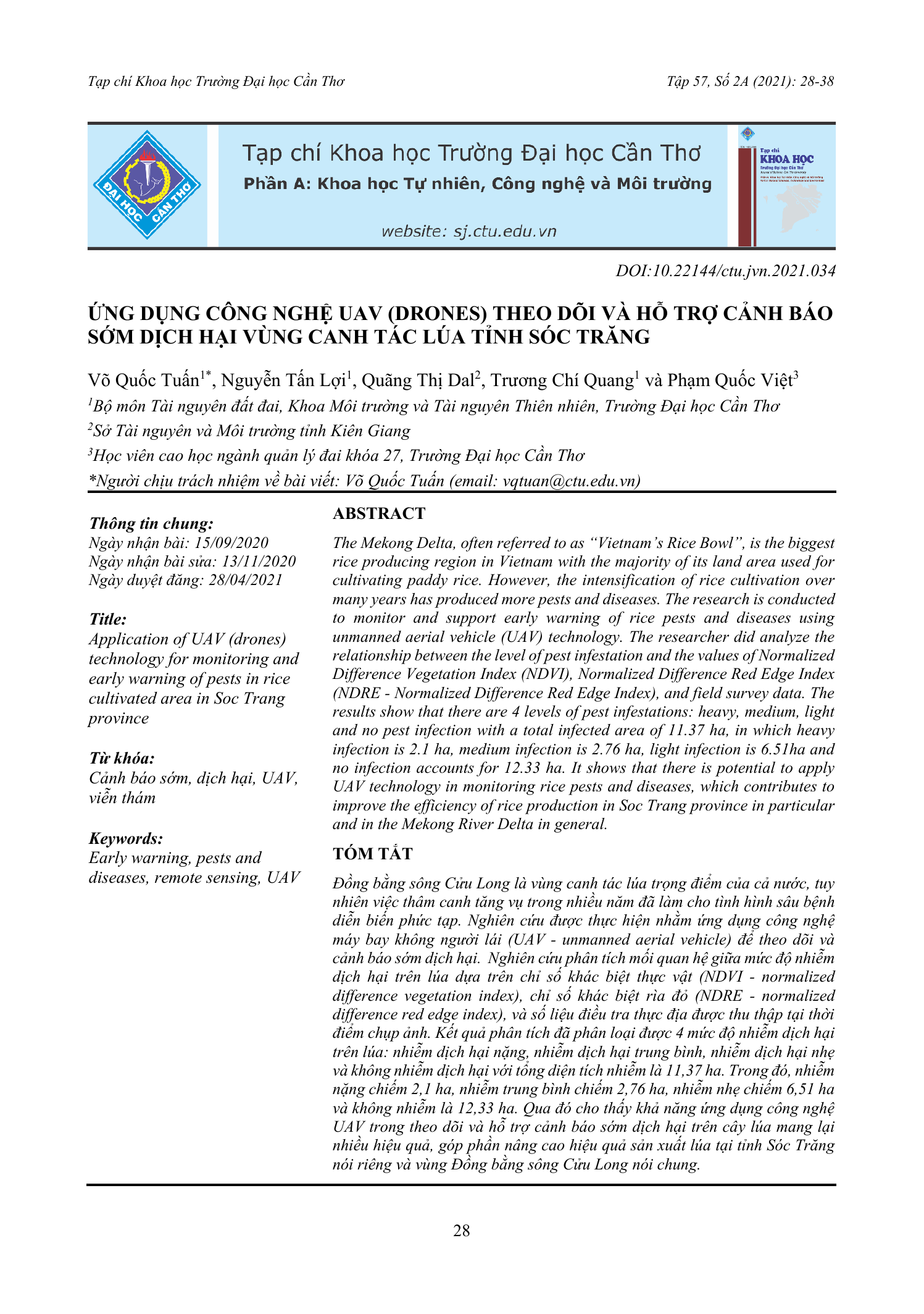 Ứng dụng công nghệ UAV (drones) theo dõi và hỗ trợ cảnh báo sớm dịch hại vùng canh tác lúa tỉnh Sóc Trăng