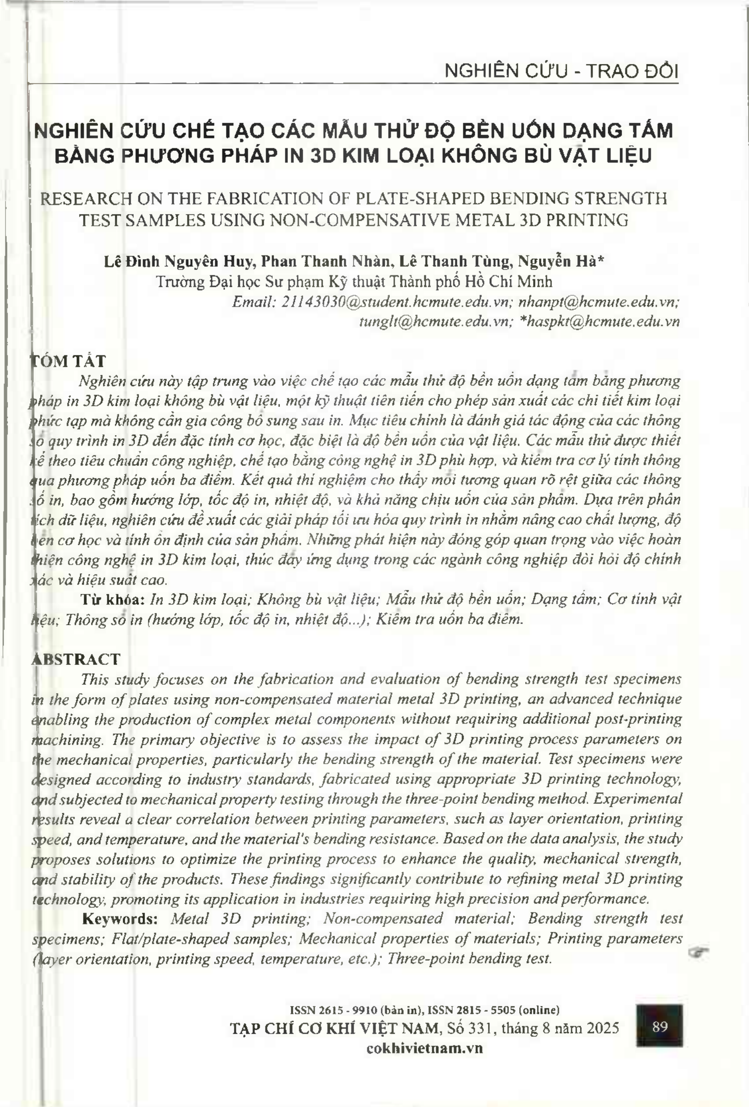 Nghiên cứu chế tạo các mẫu thử độ bền uốn dạng tấm bằng phương pháp in 3D kim loại không bù vật liệu