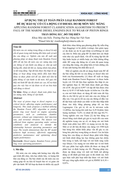 Áp dụng thuật toán phân loại Random Forest để dự báo sự cố của động cơ diesel do bị mòn xéc măng