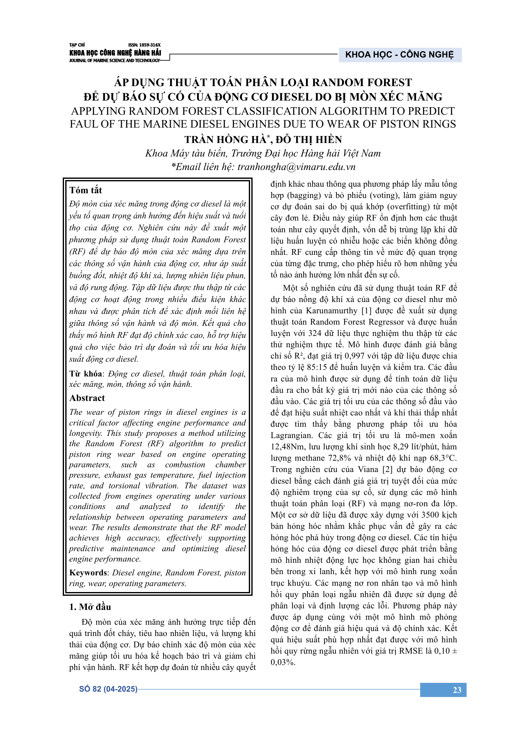 Áp dụng thuật toán phân loại Random Forest để dự báo sự cố của động cơ diesel do bị mòn xéc măng