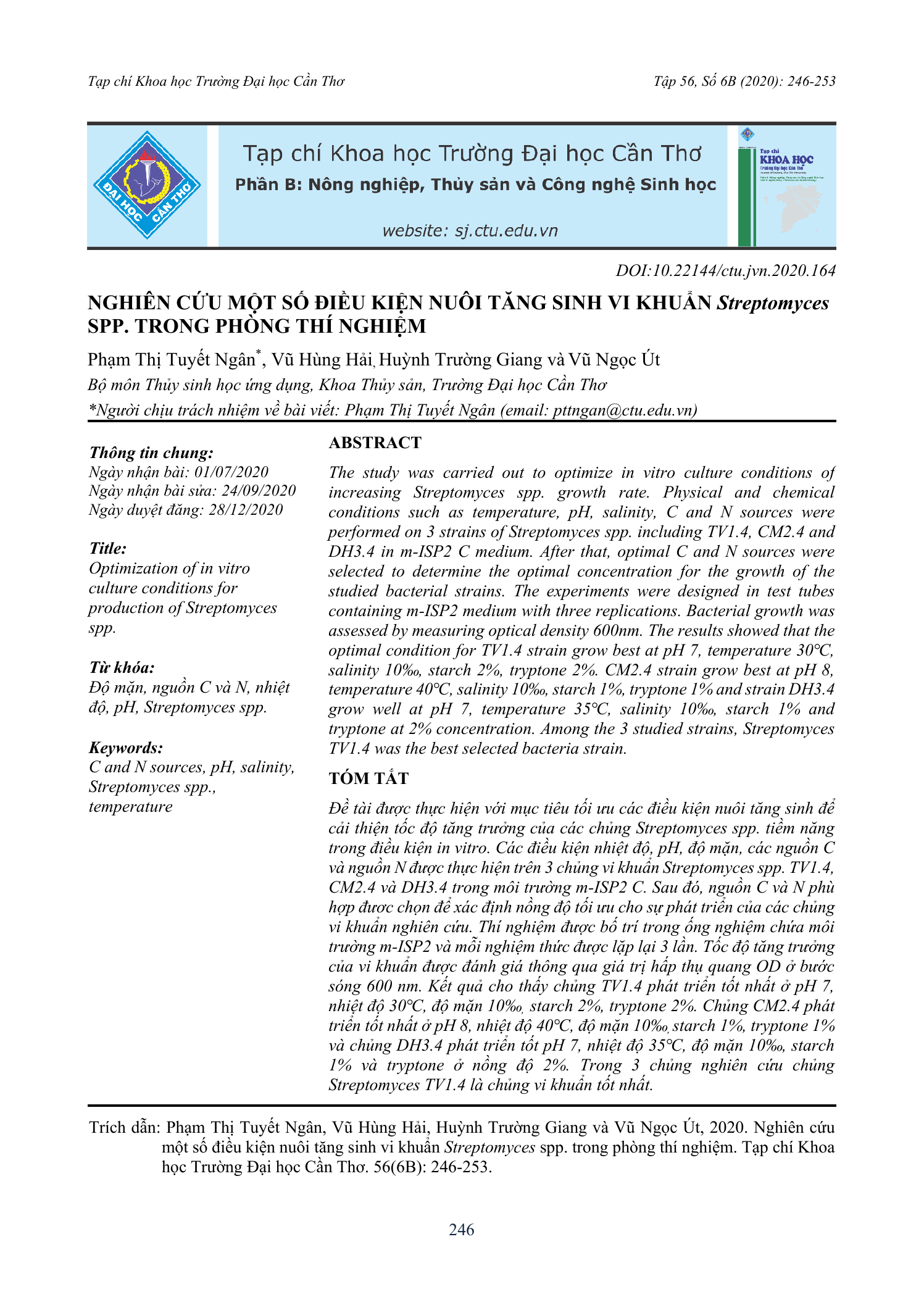 Nghiên cứu một số điều kiện nuôi tăng sinh vi khuẩn Streptomyces spp. trong phòng thí nghiệm
