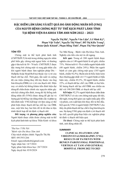 Đặc điểm lâm sàng và kết quả đo ảnh động nhãn đồ (VNG) của người bệnh chóng mặt tư thế kịch phát lành tính tại Bệnh viện Đa khoa Tâm Anh năm 2022 – 2023