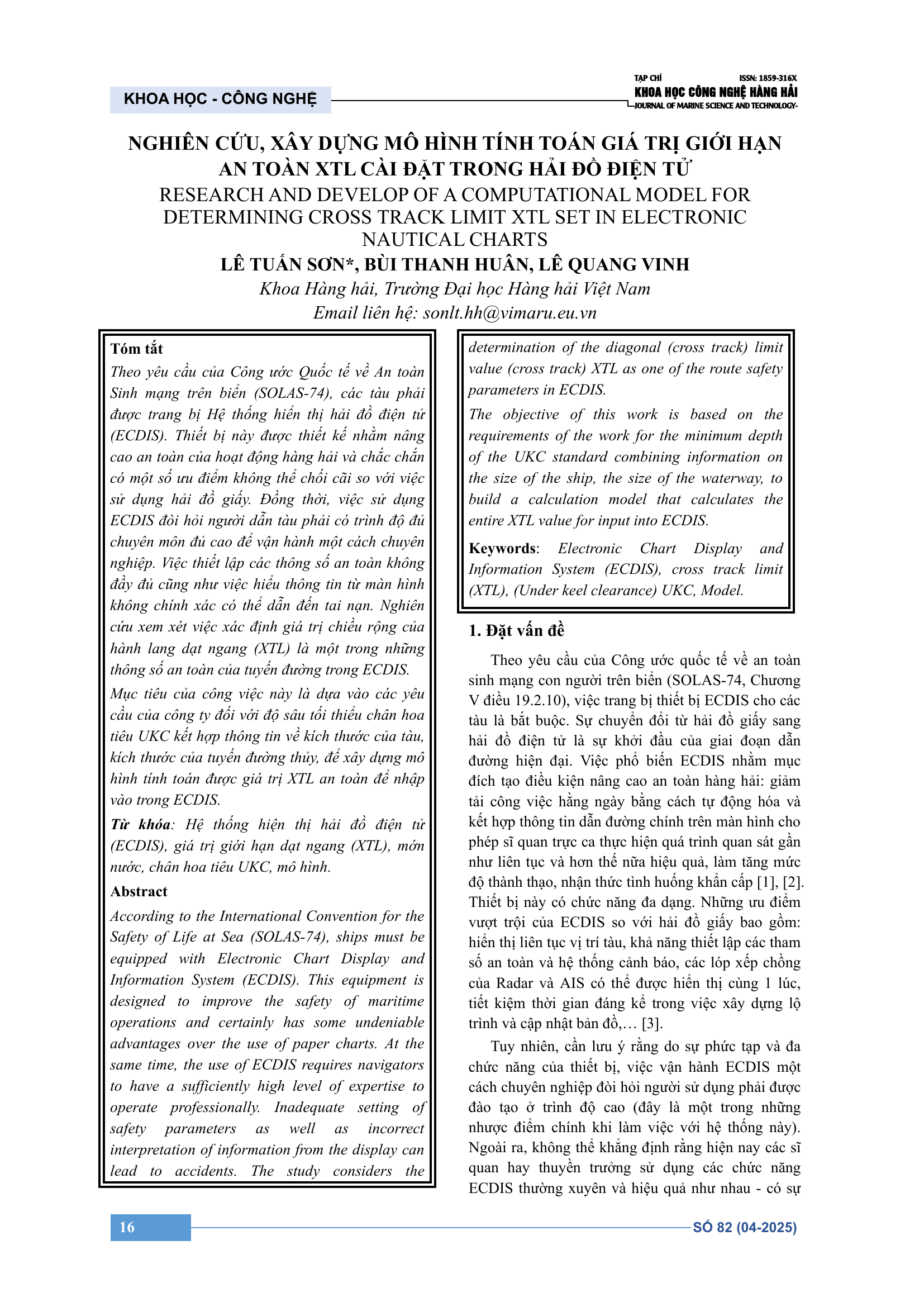 Nghiên cứu, xây dựng mô hình tính toán giá trị giới hạn an toàn XTL cài đặt trong hải đồ điện tử