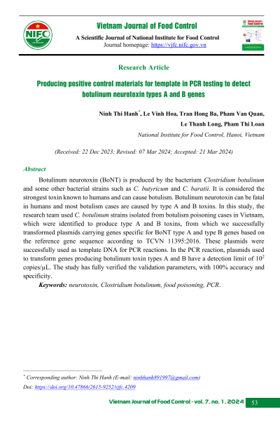 Tạo nguyên liệu chứng dương ứng dụng trong thử nghiệm PCR phát hiện gen sinh độc tố thần kinh botulinum type A và B