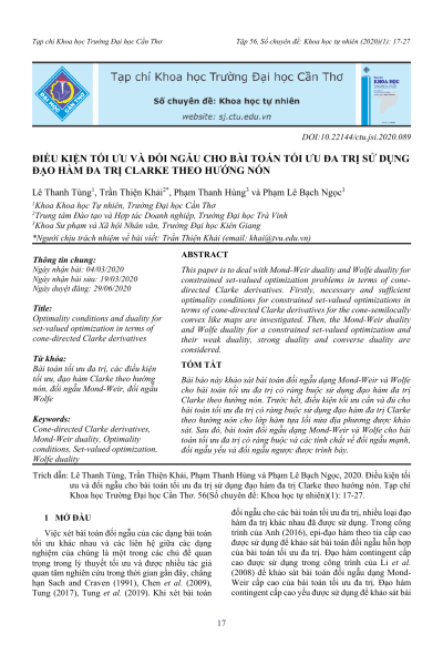 Điều kiện tối ưu và đối ngẫu cho bài toán tối ưu đa trị sử dụng đạo hàm đa trị Clarke theo hướng nón