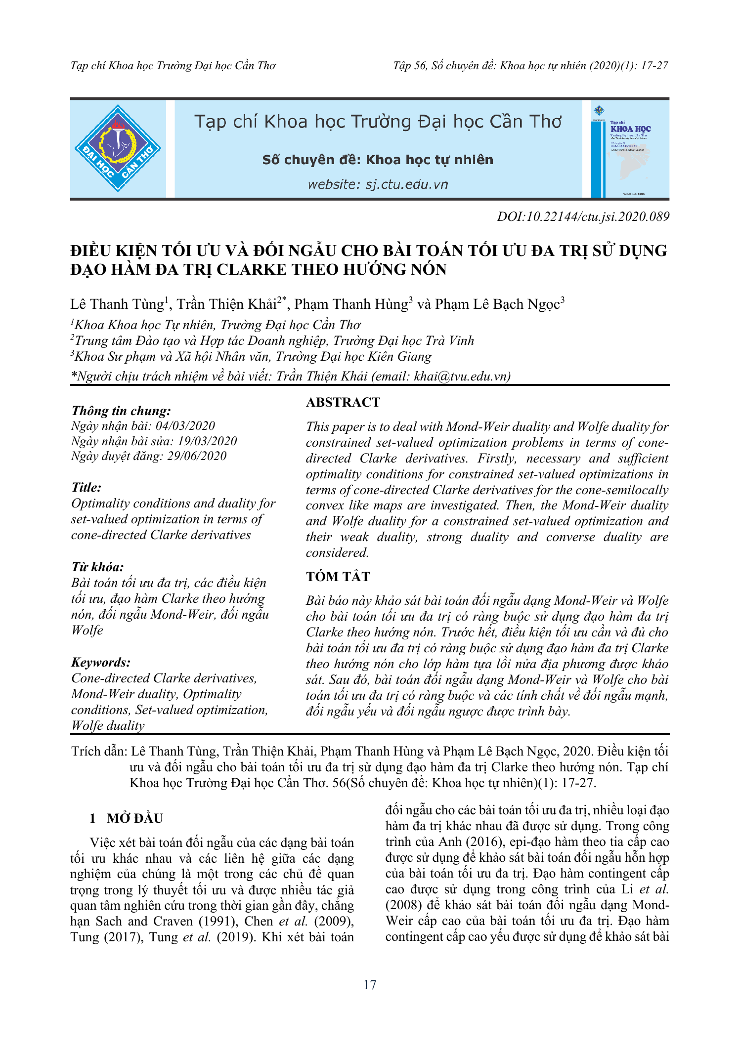 Điều kiện tối ưu và đối ngẫu cho bài toán tối ưu đa trị sử dụng đạo hàm đa trị Clarke theo hướng nón