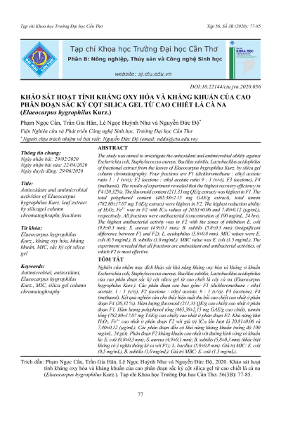 Khảo sát hoạt tính kháng oxy hóa và kháng khuẩn của cao phân đoạn sắc ký cột silica gel từ cao chiết lá cà na (Elaeocarpus hygrophilus Kurz.)