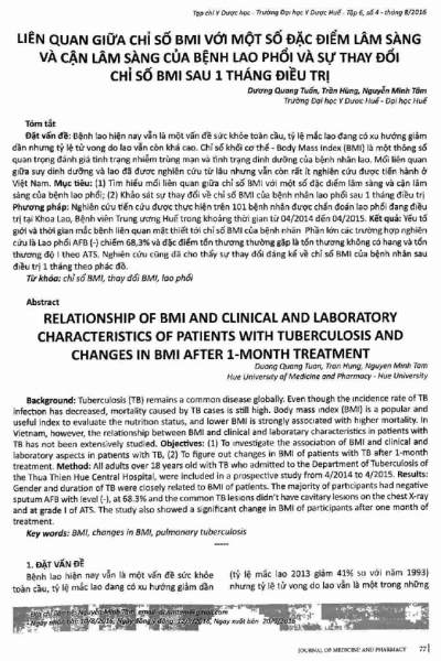Liên quan giữa chỉ số BMI với một số đặc điểm lâm sàng và cận lâm sàng của bệnh lao phổi và sự thay đổi chỉ số BMI sau 1 tháng điều trị