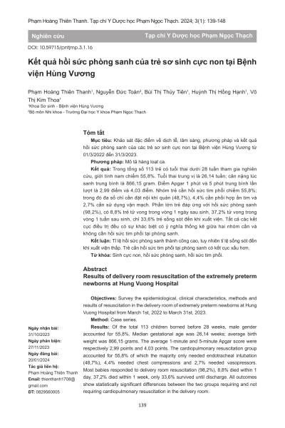 Kết quả hồi sức phòng sanh của trẻ sơ sinh cực non tại Bệnh viện Hùng Vương